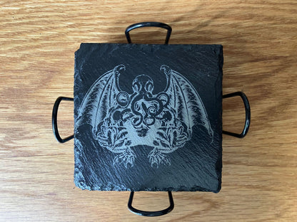 Set of 4 with Stand - Cthulhu inspired Slate coasters - 100mm x 100mm