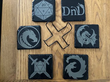 Set of 6 with Stand - DnD inspired slate coasters - 100mm x 100mm