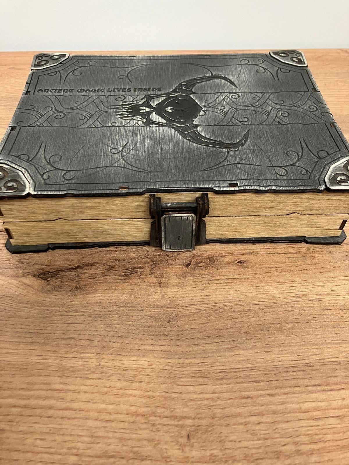 Engraved Wooden Book Box with integrated hinge