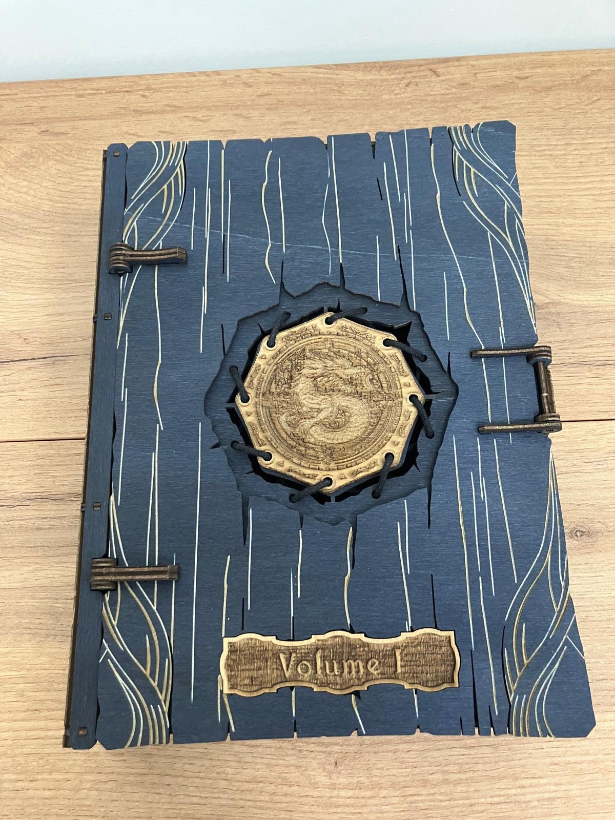 Engraved Wooden Medallion Book Box with integrated hinge and magnetic latch