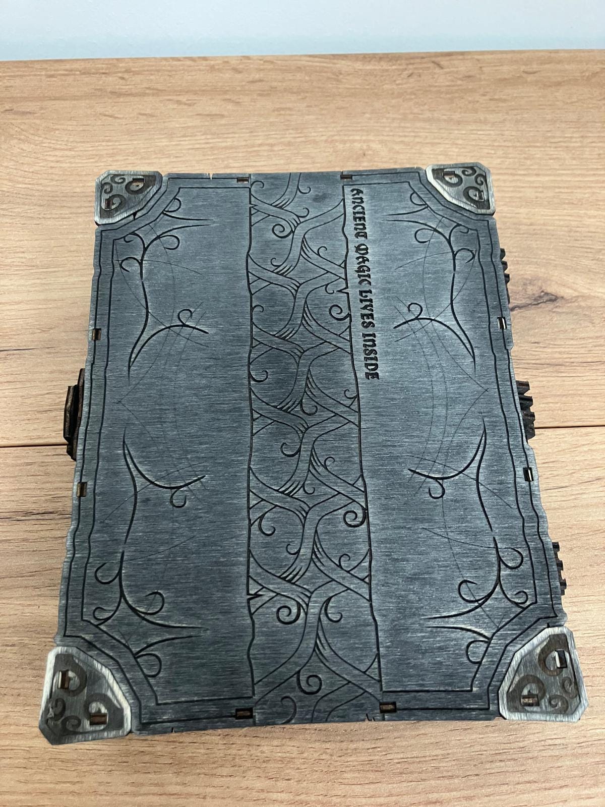 Engraved Wooden Book Box with integrated hinge