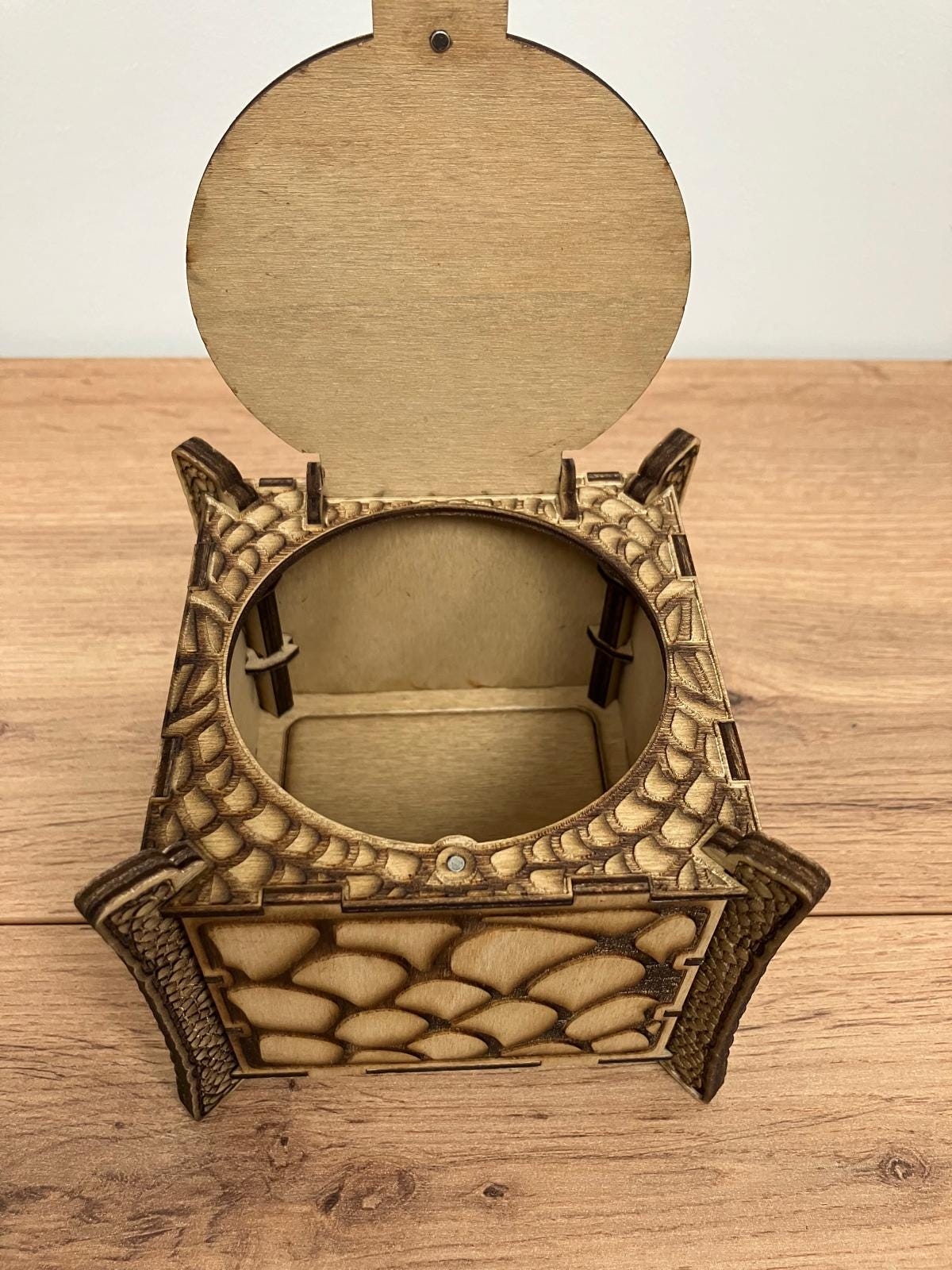 Wooden Dragon Box with integrated hinge and dragon scales engraving