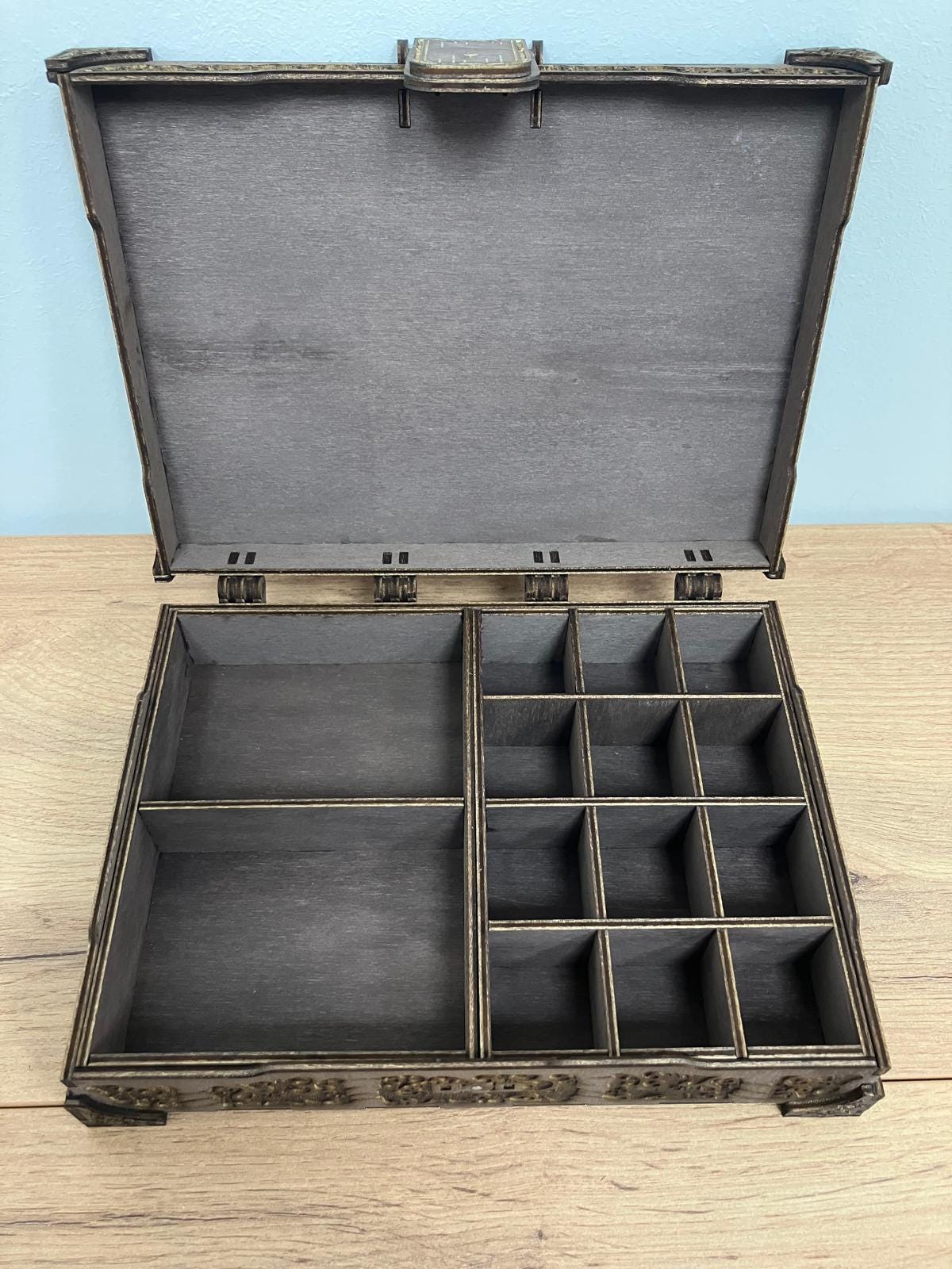 Engraved wooden Box with compartment inserts and integrated hinge and magnetic latch