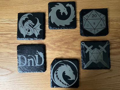 Set of 6 with Stand - DnD inspired slate coasters - 100mm x 100mm