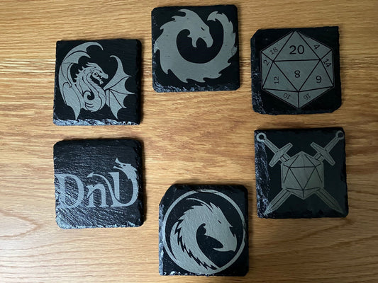 Set of 6 with Stand - DnD inspired slate coasters - 100mm x 100mm