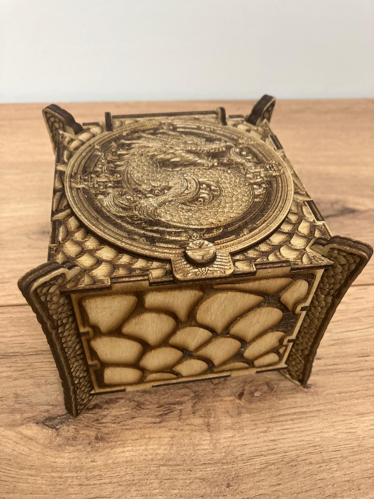 Wooden Dragon Box with integrated hinge and dragon scales engraving
