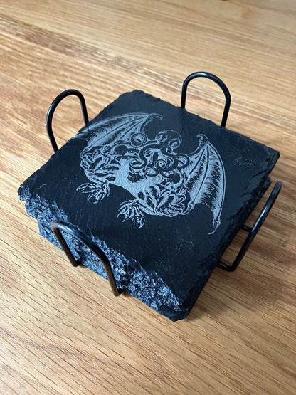 Set of 4 with Stand - Cthulhu inspired Slate coasters - 100mm x 100mm