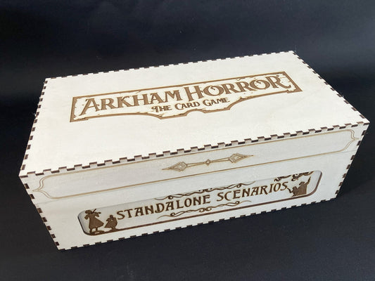 Natural wooden card storage box engraved with the Arkham Horror The Card Game logo and Standalone Scenarios on the side