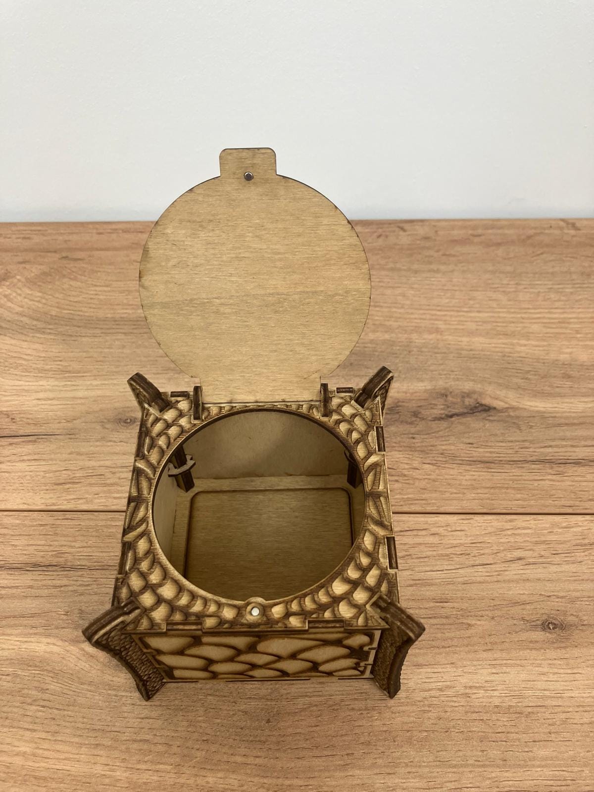 Wooden Dragon Box with integrated hinge and dragon scales engraving