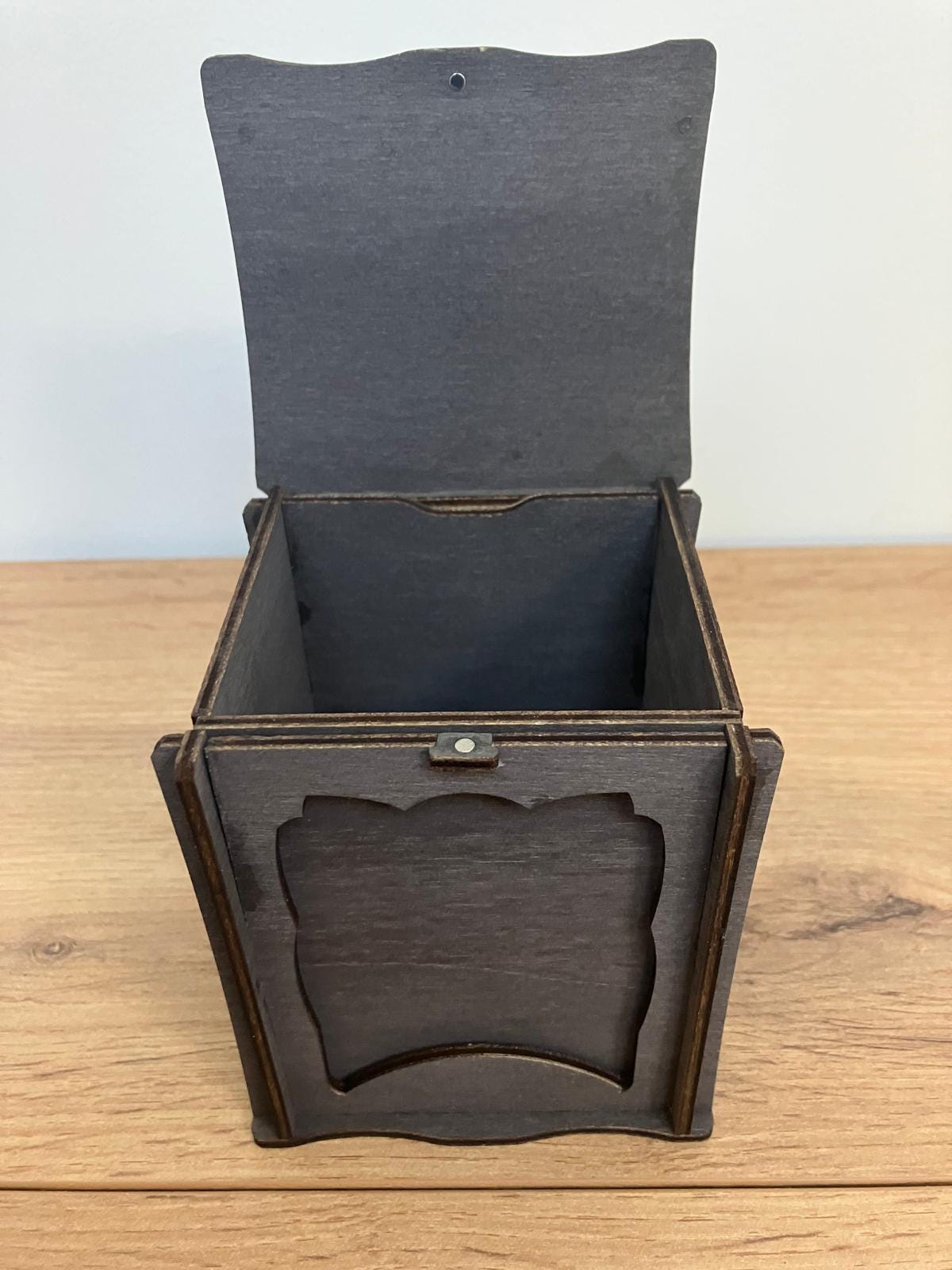 Wooden Framed Deck Box with integrated wooden hinges and magnetic latch