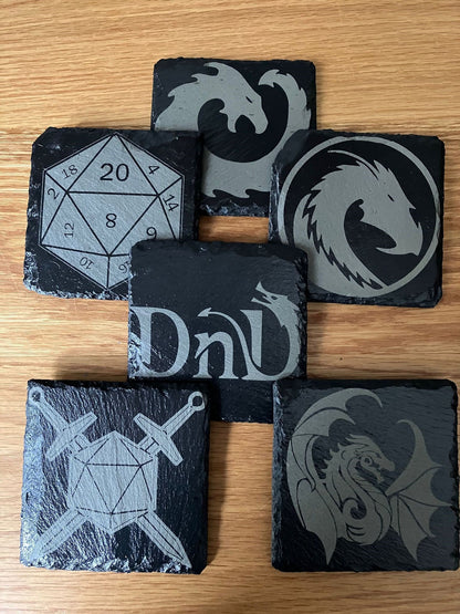 Set of 6 with Stand - DnD inspired slate coasters - 100mm x 100mm