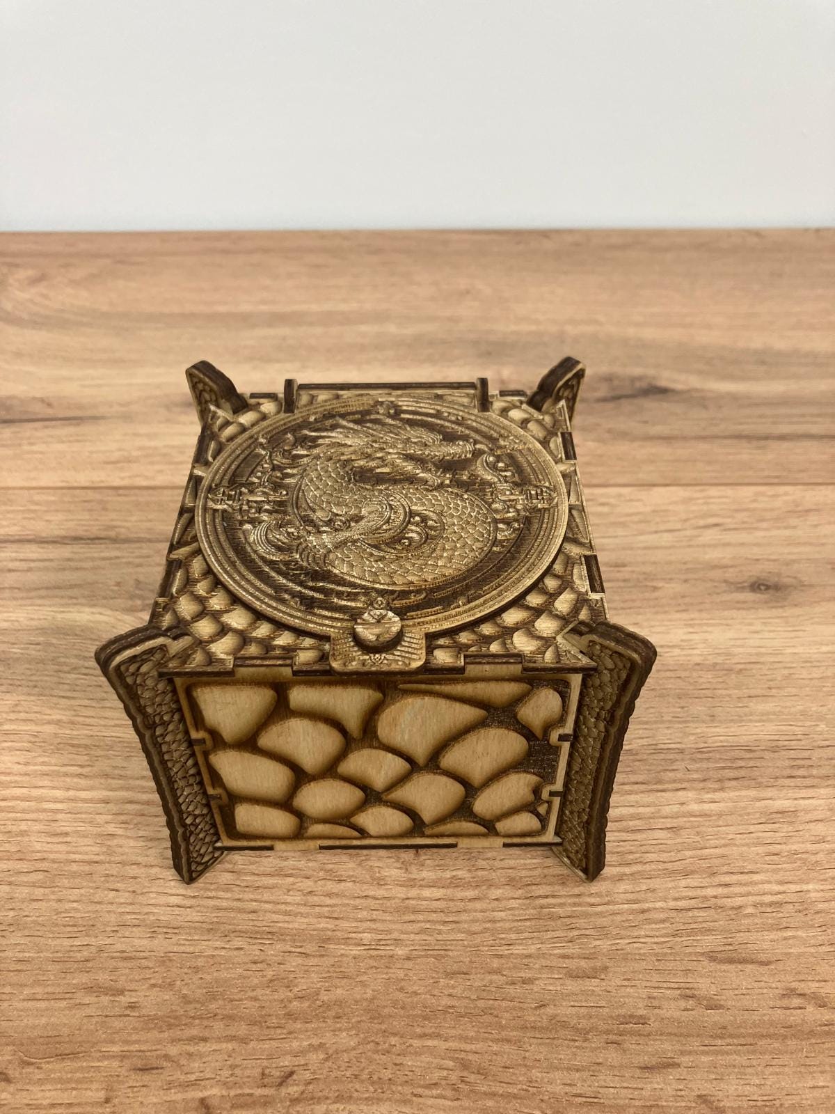 Wooden Dragon Box with integrated hinge and dragon scales engraving