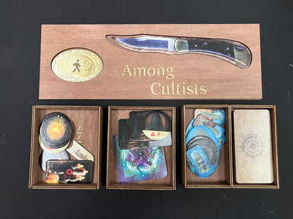 Among Cultists Kickstarter + expansions - Board Game inserts - Sleeved - with no lid lift.