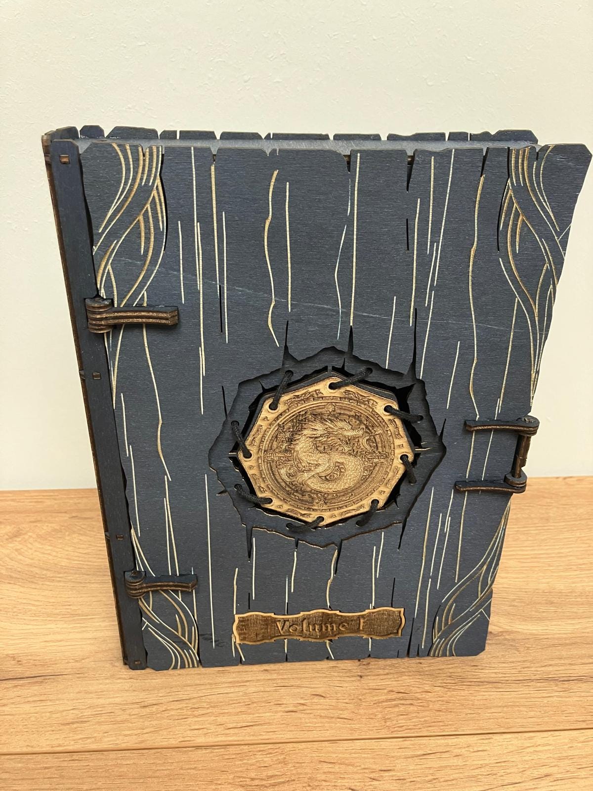 Engraved Wooden Medallion Book Box with integrated hinge and magnetic latch