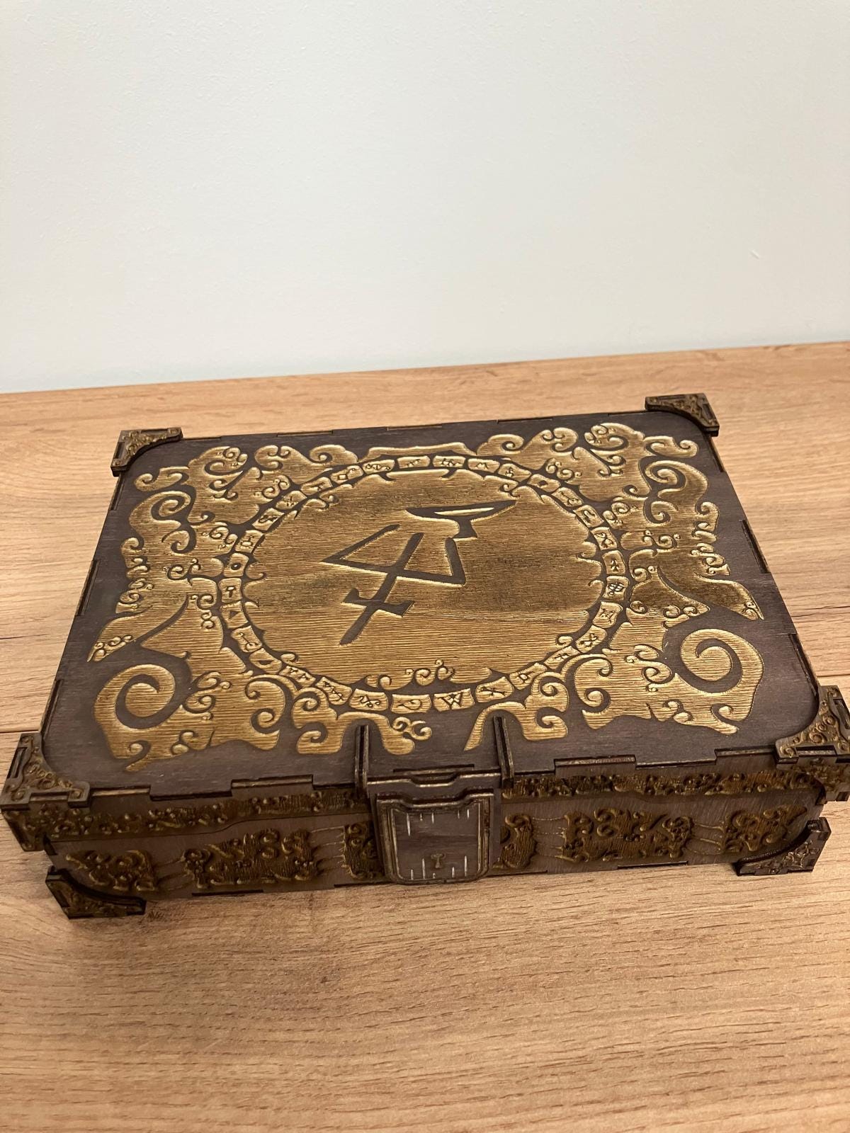 Engraved wooden Box with compartment inserts and integrated hinge and magnetic latch