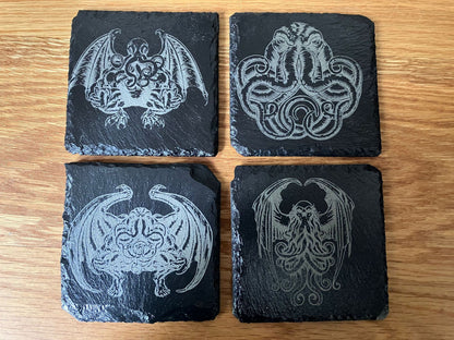 Set of 4 with Stand - Cthulhu inspired Slate coasters - 100mm x 100mm