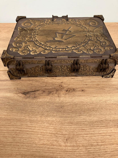 Engraved wooden Box with compartment inserts and integrated hinge and magnetic latch