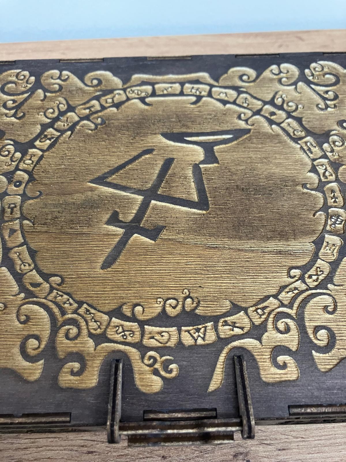 Engraved wooden Box with compartment inserts and integrated hinge and magnetic latch