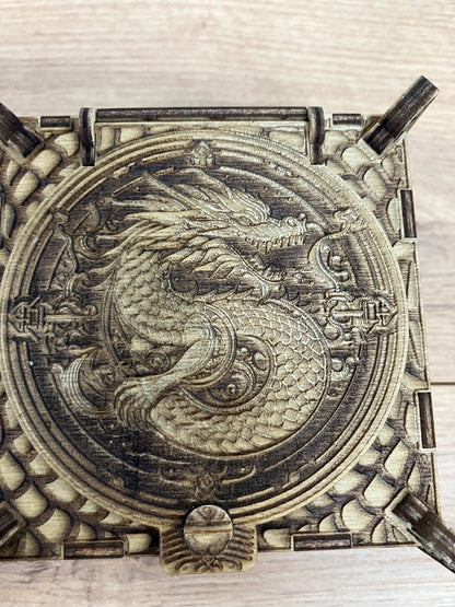 Wooden Dragon Box with integrated hinge and dragon scales engraving