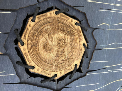 Engraved Wooden Medallion Book Box with integrated hinge and magnetic latch