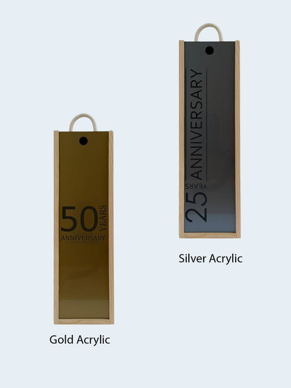 Anniversary - Personalise - Bespoke Bottle Box - Choose from 10 Designs - 6 Colours - Wood and Acrylic