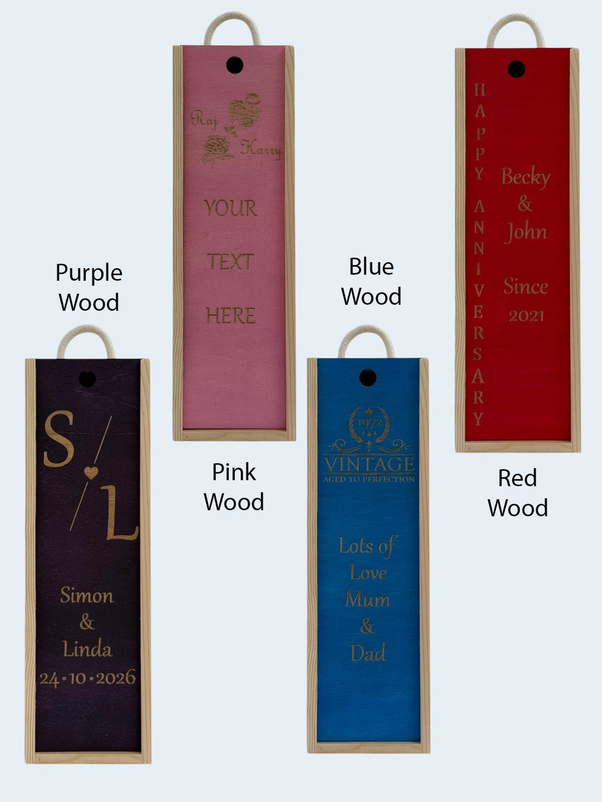 Anniversary - Personalise - Bespoke Bottle Box - Choose from 10 Designs - 6 Colours - Wood and Acrylic
