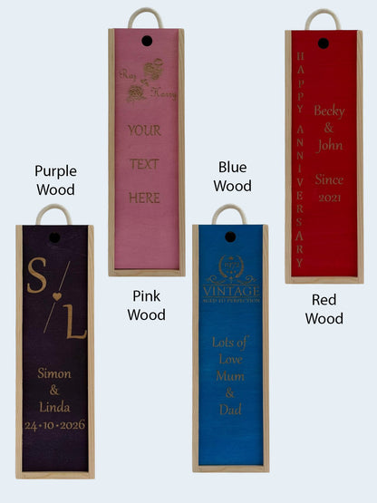 Anniversary - Personalise - Bespoke Bottle Box - Choose from 10 Designs - 6 Colours - Wood and Acrylic