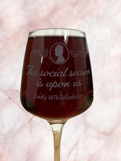 Bridgerton inspired "The Social Season has begun" engraved wine glass. Gift, celebration, binge watch