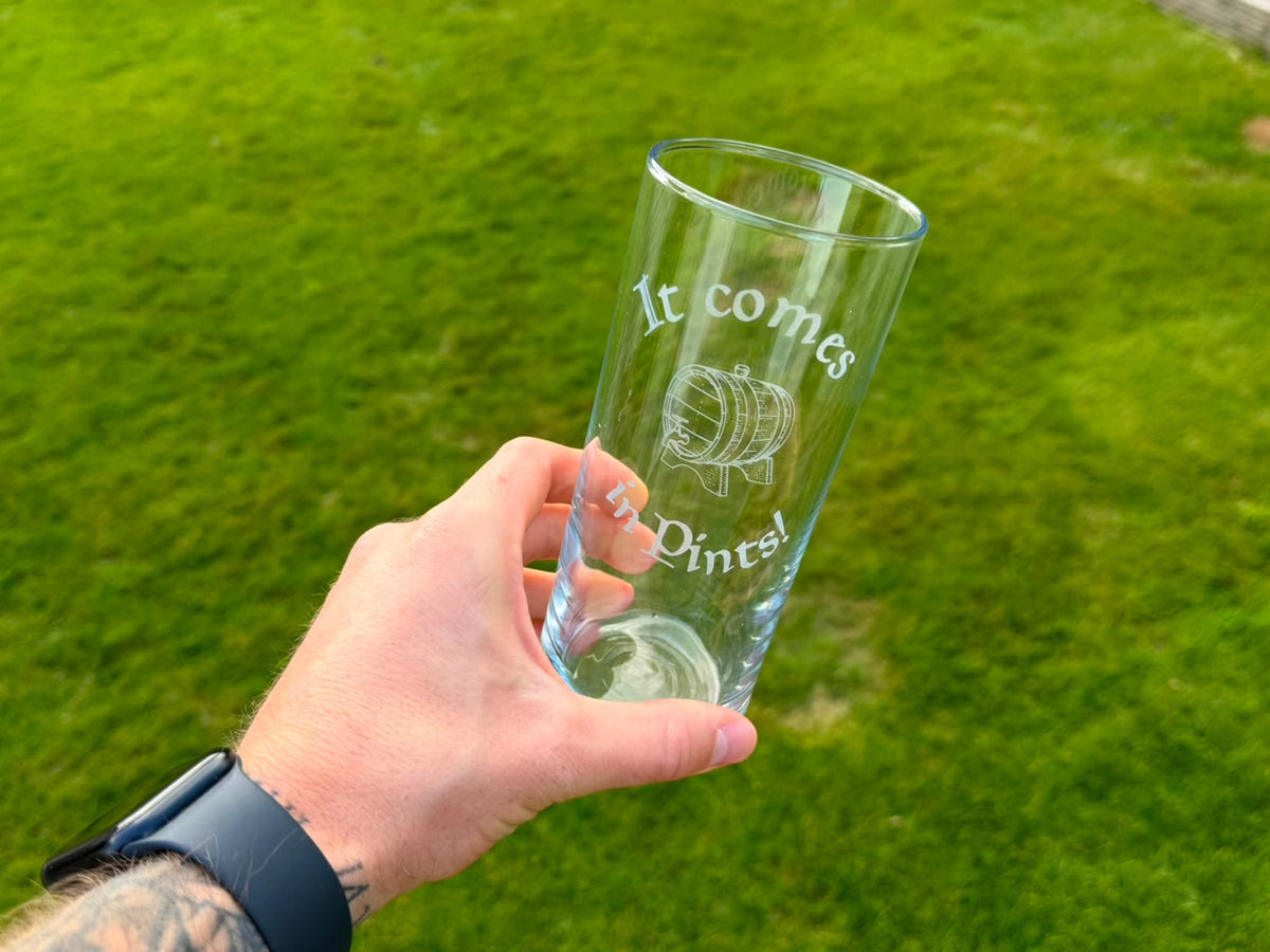 It Comes in Pints Barrel Engraved Pint Glass, Personalised, another view