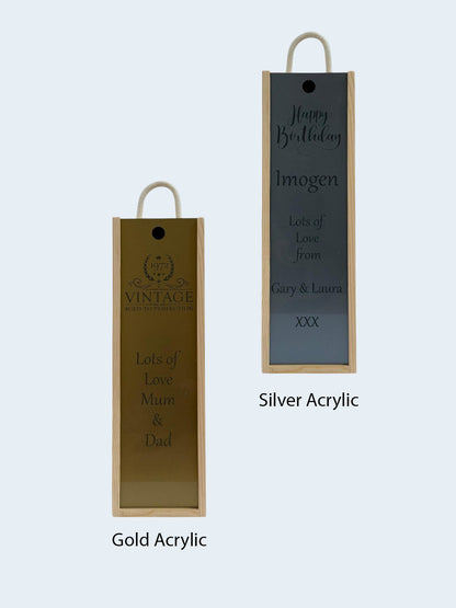 Happy Birthday - Personalise - Bespoke Bottle Box - Choose from 10 Designs - 6 Colours - Wood and Acrylic