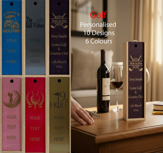 Golf - Personalise - Bespoke Bottle Box - Choose from 10 Designs - 6 Colours - Wood and Acrylic