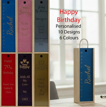 Happy Birthday - Personalise - Bespoke Bottle Box - Choose from 10 Designs - 6 Colours - Wood and Acrylic