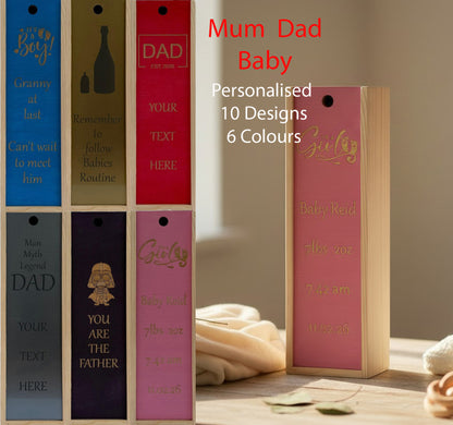 Mum, Dad, Baby - Personalise - Bespoke Bottle Box - Choose from 10 Designs - 6 Colours - Wood and Acrylic