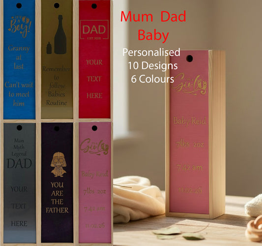 Mum, Dad, Baby - Personalise - Bespoke Bottle Box - Choose from 10 Designs - 6 Colours - Wood and Acrylic