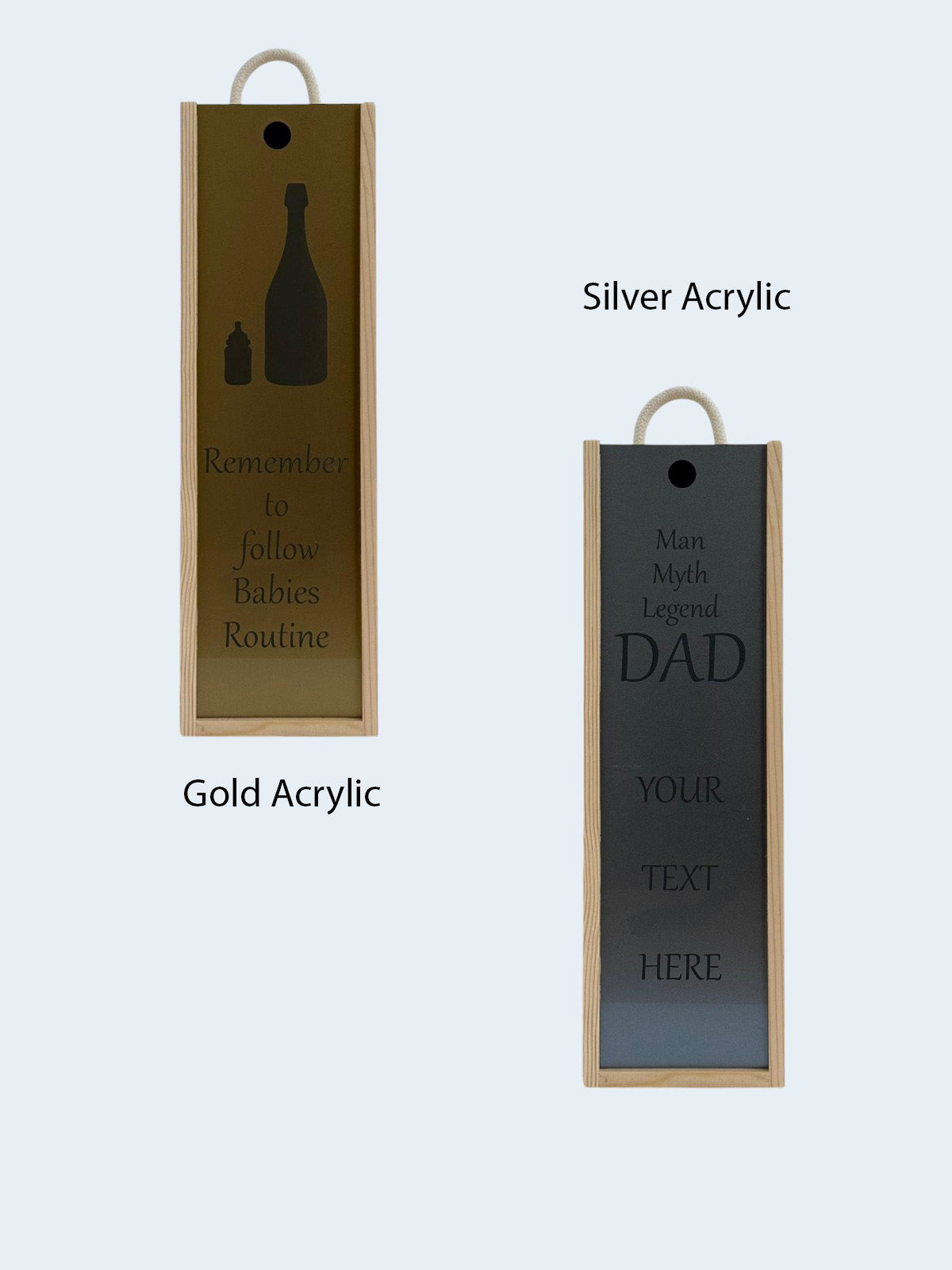 Mum, Dad, Baby - Personalise - Bespoke Bottle Box - Choose from 10 Designs - 6 Colours - Wood and Acrylic