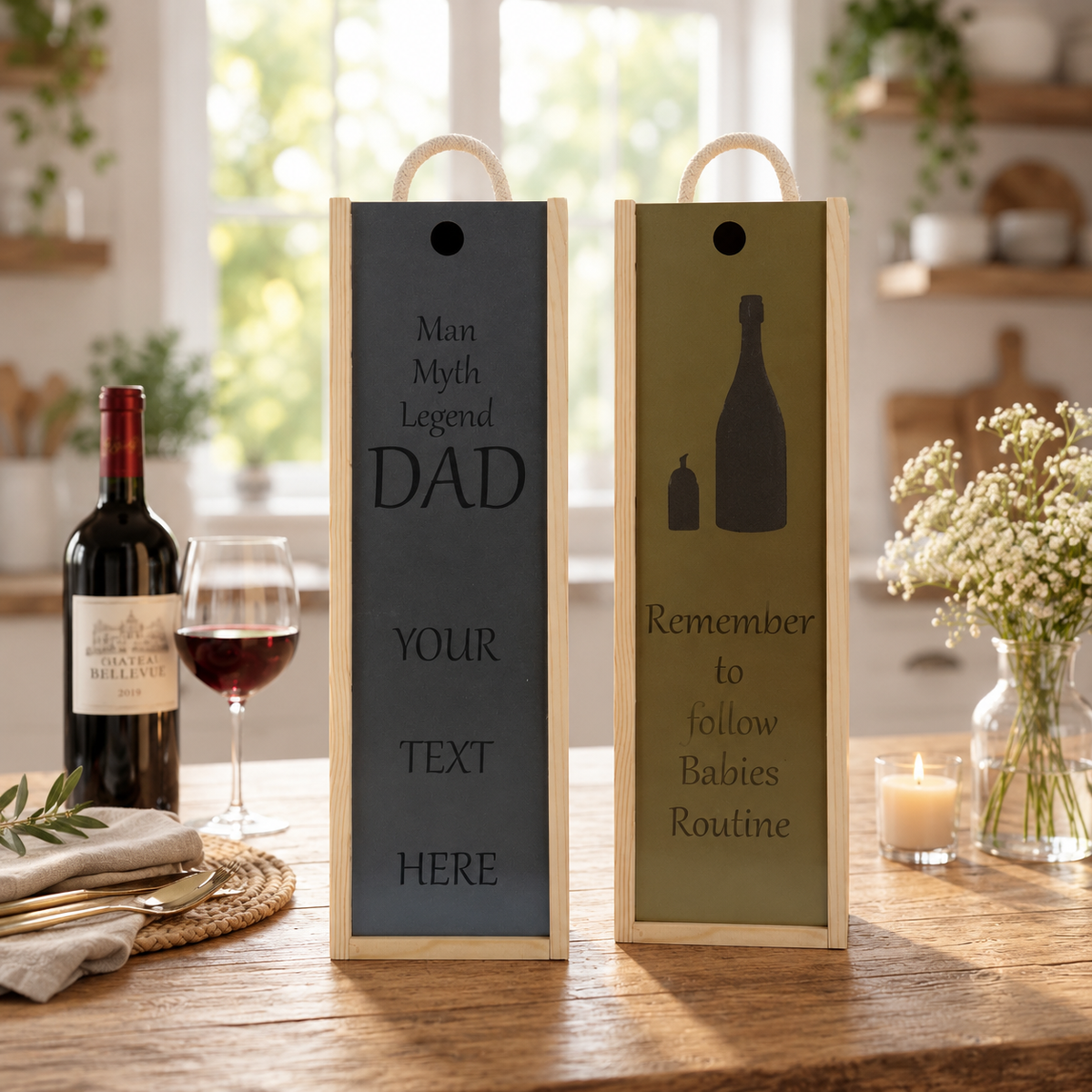 Personalised Wooden Wine Box Mum Dad Baby New Born Custom Engraved