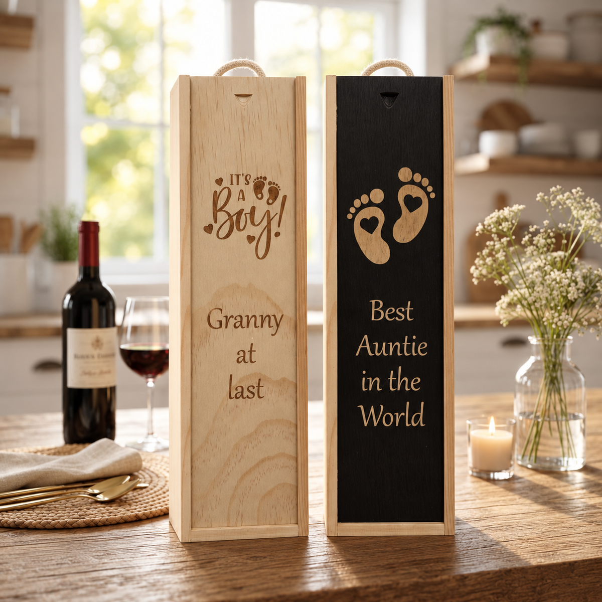 Personalised Wooden Wine Box Mum Dad Baby New Born Custom Engraved