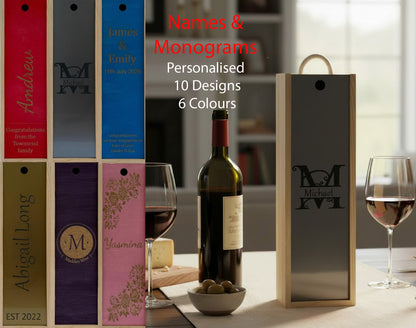 Names & Monogram - Personalise - Bespoke Bottle Box - Choose from 10 Designs - 6 Colours - Wood and Acrylic