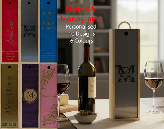 Names & Monogram - Personalise - Bespoke Bottle Box - Choose from 10 Designs - 6 Colours - Wood and Acrylic