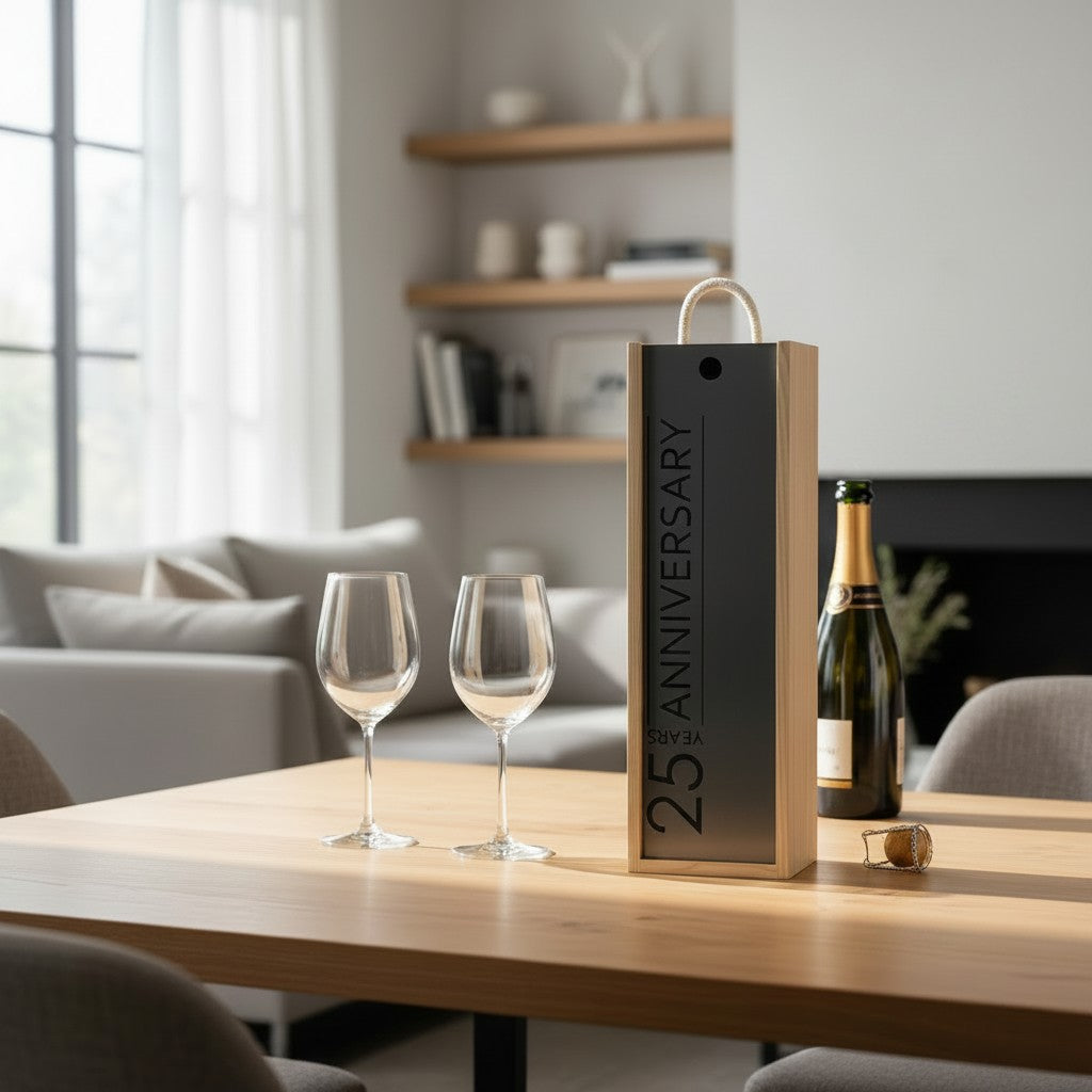 Anniversary - Personalise - Bespoke Bottle Box - Choose from 10 Designs - 6 Colours - Wood and Acrylic