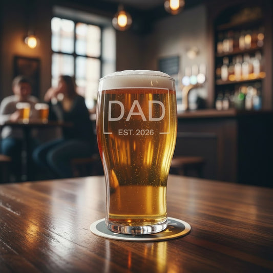 Fathers Day - DAD EST - Engraved Pint Glass - Presentation Box