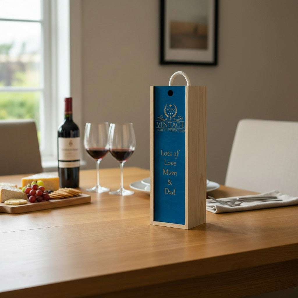 Anniversary - Personalise - Bespoke Bottle Box - Choose from 10 Designs - 6 Colours - Wood and Acrylic