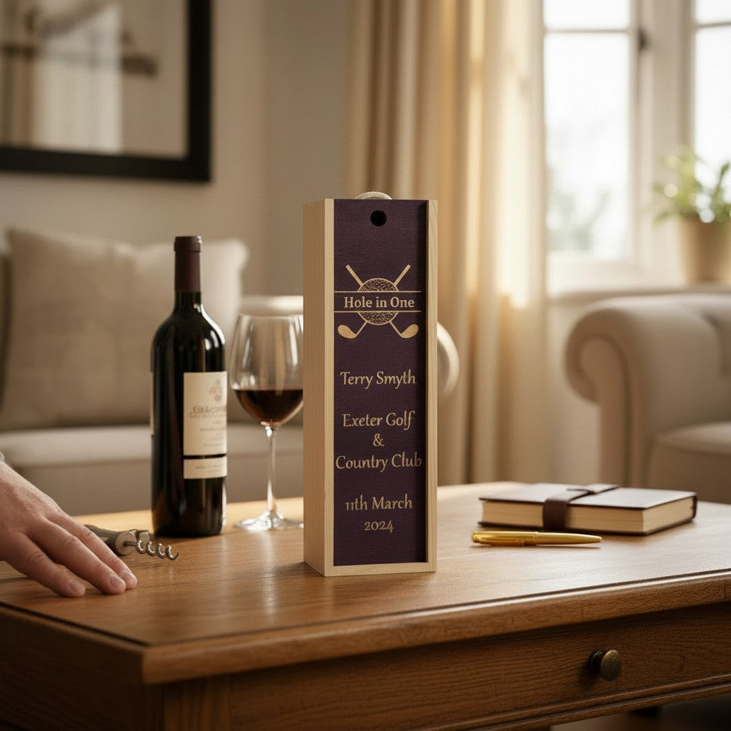 Golf - Personalise - Bespoke Bottle Box - Choose from 10 Designs - 6 Colours - Wood and Acrylic