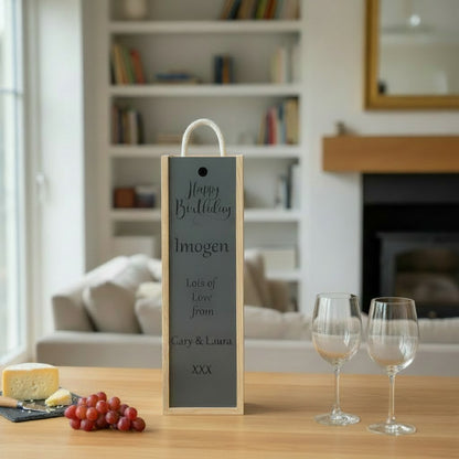 Happy Birthday - Personalise - Bespoke Bottle Box - Choose from 10 Designs - 6 Colours - Wood and Acrylic