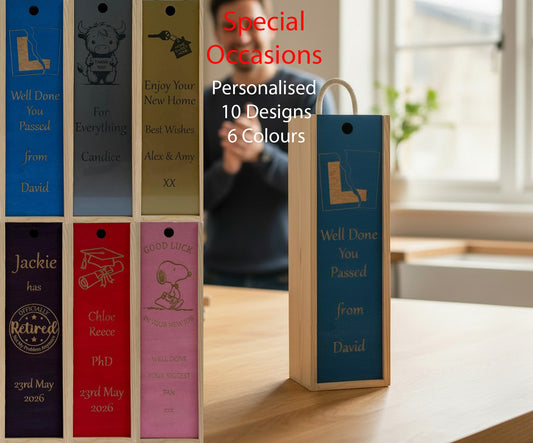Special Occasions - Personalise - Bespoke Bottle Box - Choose from 10 Designs - 6 Colours - Wood and Acrylic