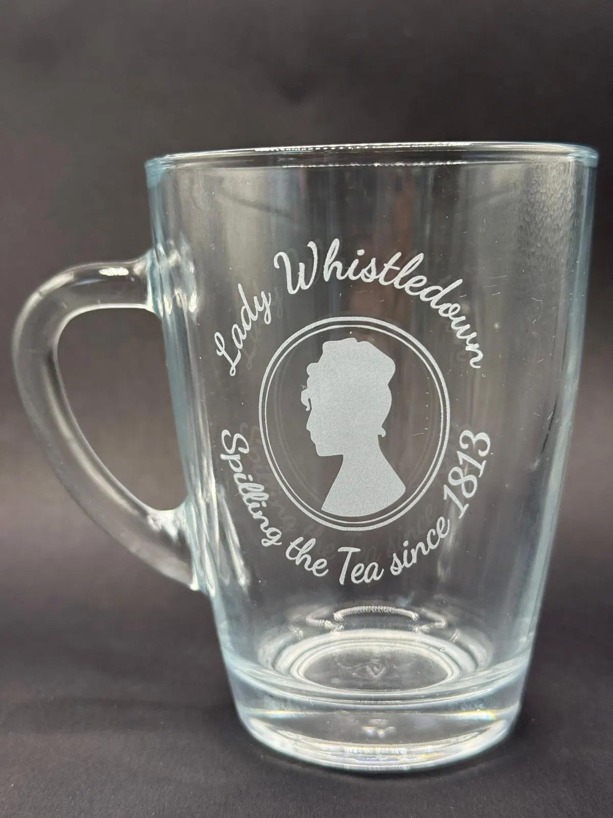 Bridgerton inspired "Lady Whistledown Spilling Tea since 1813" engraved glass mug. Gift, celebration, binge watch
