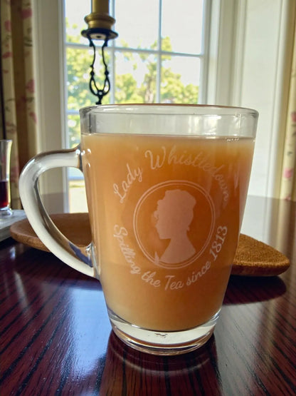 Bridgerton inspired "Lady Whistledown Spilling Tea since 1813" engraved glass mug. Gift, celebration, binge watch