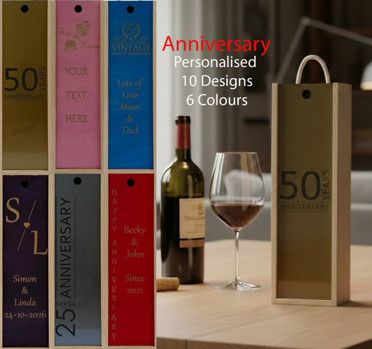 Anniversary - Personalise - Bespoke Bottle Box - Choose from 10 Designs - 6 Colours - Wood and Acrylic