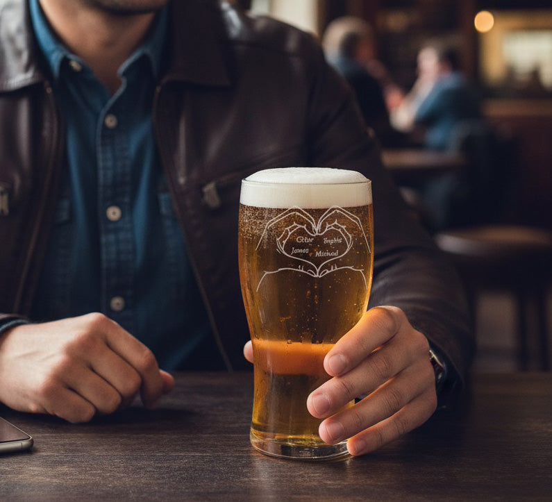 Personalised - Fathers Day - Hand Heart - Engraved Pint Glass - Presentation Box