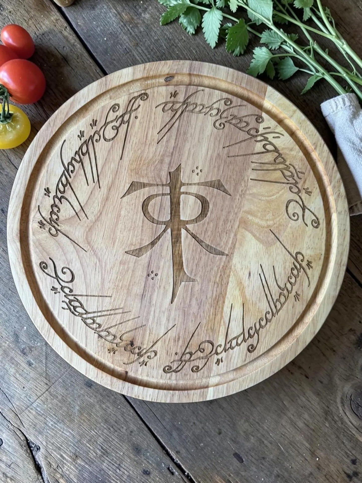 Lord of the Rings inspired Tolkien Monogram Round Chopping Board.